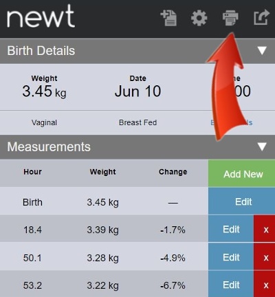 A screenshot of a table of sample data in the newt website. There is an arrow pointing to a link to print.
